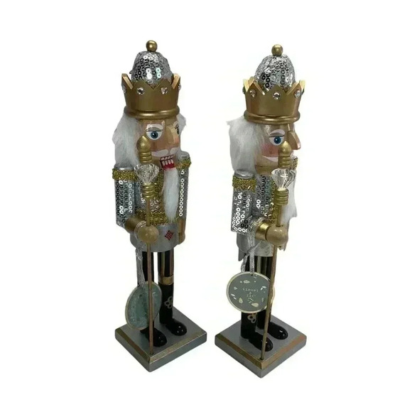 Wood Christmas15" Nutcracker Soldier Silver Sequins Uniform Gold Jewel Crown Set - Picture 2 of 4